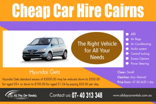 Cairns car hire find a vehicle that suits to your budget at http://alldaycarrentals.com.au/cheap-car-hire-cairns/
Found us on google map- https://goo.gl/maps/pukXJEnjBk32
A hassle free travel starts with all day budget Cairns car hire that caters to all kinds of transportation needs. There is our auto rental agencies that offer Cheap Car Hire Cairns to suit your specific traveling needs. You can even find out which agency offers the best prices, booking policies, and customer service through our travel websites. We offer great services like pick-up and drop at airport. We offer online booking facilities that assure immediate confirmation via mails.
My Social :
https://saraincairns.wixsite.com/terms-and-conditions
http://cairnscarhire.my-free.website/
http://carhirecairns.wikidot.com/
https://hirecarcairns.page.tl/

All Day Car Rentals

135 Lake Street Cairns, Queensland, Australia 4870
Phone Us: +61 740 313 348 , 1800 707 000
Email- info@alldaycarrentals.com.au
Working Hours All days: 8:00AM–5:00PM

Deals In....
Car hire Cairns
Cairns Car Rental Deals 
cheap car hire cairns airport
car rental cairns airport