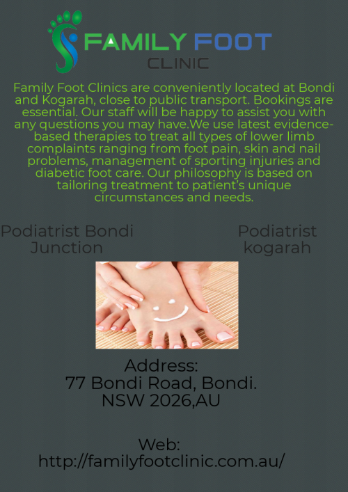 At Family Foot Clinic we offer a fresh approach to helping our clients and Podiatrist in Sydney specializes in understanding nail surgery, plantar wart removal. So call now quality care for your family.


http://familyfootclinic.com.au/