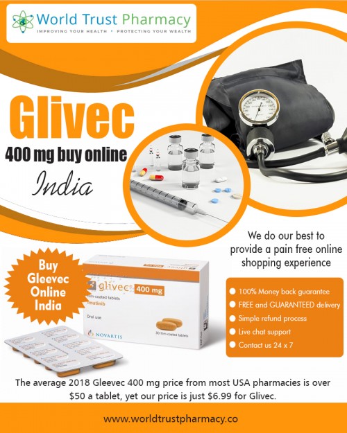 Glivec 400 Mg Buy Online India is only available with a doctor's prescription At https://www.worldtrustpharmacy.co/glivec-400-mg/

Find Us: https://goo.gl/maps/iddXUDQfzkJ2

Deals in .....

eliquis 5 mg price in india
glivec 400 mg buy online india
deferiprone brands in india
why is xifaxan so expensive
entecavir generic price in india
janumet xr price in india
buy generic atripla online

It is used in treating chronic myelogenous leukemia (CML), gastrointestinal stromal tumors (GISTs) and other cancers. It is the first member of a new class of agents that act by specifically inhibiting a certain enzyme that is characteristic of a particular cancer cell, rather than non-specifically inhibiting and killing all rapidly dividing cells. In CML Glivec 400 Mg Buy Online India, the enzyme tyrosine kinase is stuck in the "on" position. Imatinib binds to the site of tyrosine kinase activity, and prevents its activity.

Social---

https://www.crunchyroll.com/user/trustgenerics
http://ttlink.com/trustgenerics
http://www.pearltrees.com/trustgenerics
https://www.facebook.com/pages/Tenvir-em-vs-truvada/1911592795744907