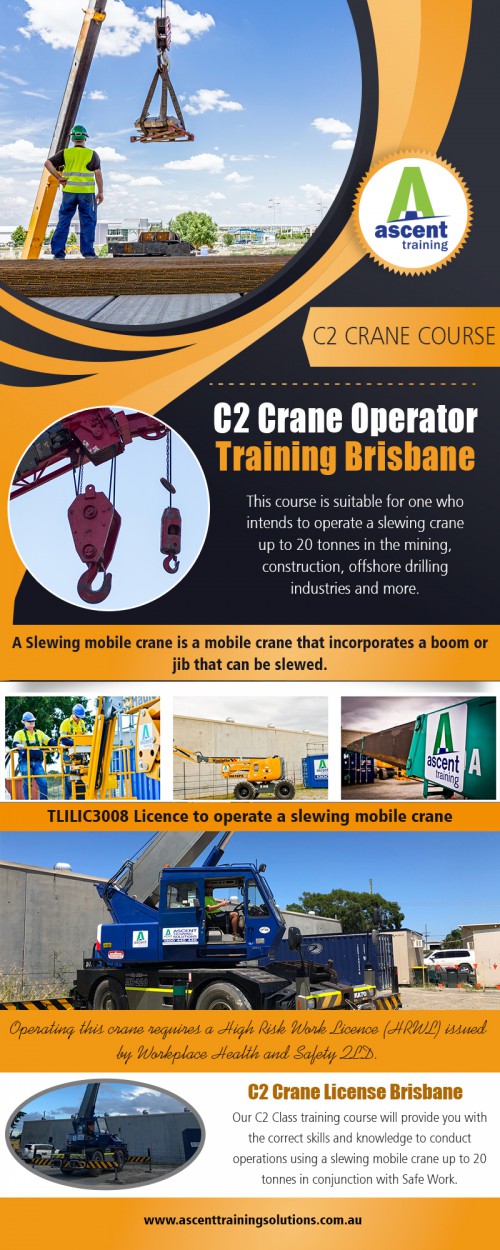 C2 crane operator training in Brisbane also include other license classes AT https://ascenttrainingsolutions.com.au/courses/c2-crane-training/
Find us On Google Map : https://goo.gl/maps/oNVbw5SAn3J2
Today, however, cranes have evolved into highly mechanized machines that are used in various industries. The construction industry, for instance, uses the machinery to move materials; the manufacturing industry for assembling heavy equipment and the transport industry for loading and unloading freight. These days, we even have C2 crane operator training in Brisbane program to teach and train students in operating these machines safely and effectively.
Social : 
https://remote.com/jacksthomas
http://jacks-thomas.brandyourself.com/
https://about.me/jacksthomas

Office Address: 25 Shannon Pl , Virginia, Queensland, Australia 4014
Email: enquiries@ascent.edu.au
Phone Numbers: (07) 5658 0040 , +61 07 5658 0040 , +61 0404 765 828

Deals in : 
C2 crane operator training Brisbane
C2 crane training Brisbane
C2 crane license Brisbane
C2 crane operator tickets Brisbane