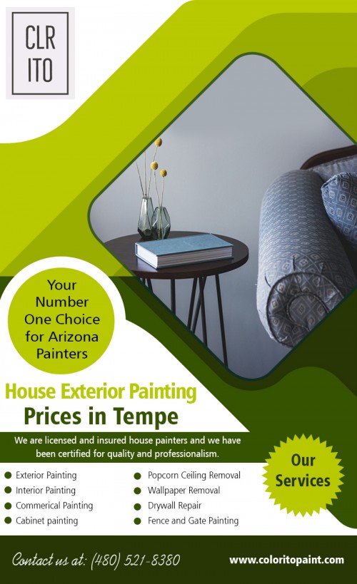 House exterior painting prices in Tempe that fits every budget AT https://coloritopaint.com/house-exterior-painting-prices-in-tempe/
Find us on our Google Map : https://goo.gl/maps/4AXxvEtpsm52 

It will be such a waste of a perfectly designed house. Choosing the right paint colors for your home can be quite tricky since there are so many colors to choose from. This is another reason for hiring a house painting company. They can help you choose the right colors for your home. With their expert advice, your home will look elegant both in its design and paint colors. To save you from the stress of having to choose the paint colors and having to decorate the house yourself, hire a house painting company. House exterior painting prices in Tempe with best deals and offers. 
Social : 
https://generalblog.nyc3.digitaloceanspaces.com/Home-Improvement/Phoenix-House-Painting.html			
https://storage.googleapis.com/generalcategory/Home-Improvement/Residential-Painting-Arizona.html		
https://generalblog.oss-ap-south-1.aliyuncs.com/Home-Improvement/Cost-to-Paint-Exterior-Of-House-Arizona.html	
https://s3.us-east-2.amazonaws.com/generalcategory/Home-Improvement/Cost-to-Paint-Exterior-Of-House-Arizona.html
https://plus.google.com/u/0/communities/107790669732035679306
https://www.behance.net/arizonapainters
https://www.reddit.com/user/ExteriorHomePainting

Deals In : 
House exterior painting prices in Tempe
Exterior painting companies
House painting companies
Arizona painting company prices

Address- 456 e Huber st Mesa , Arizona  85203
Call us: (480) 521-8380
mail us: Support@ColoritoPaint.com