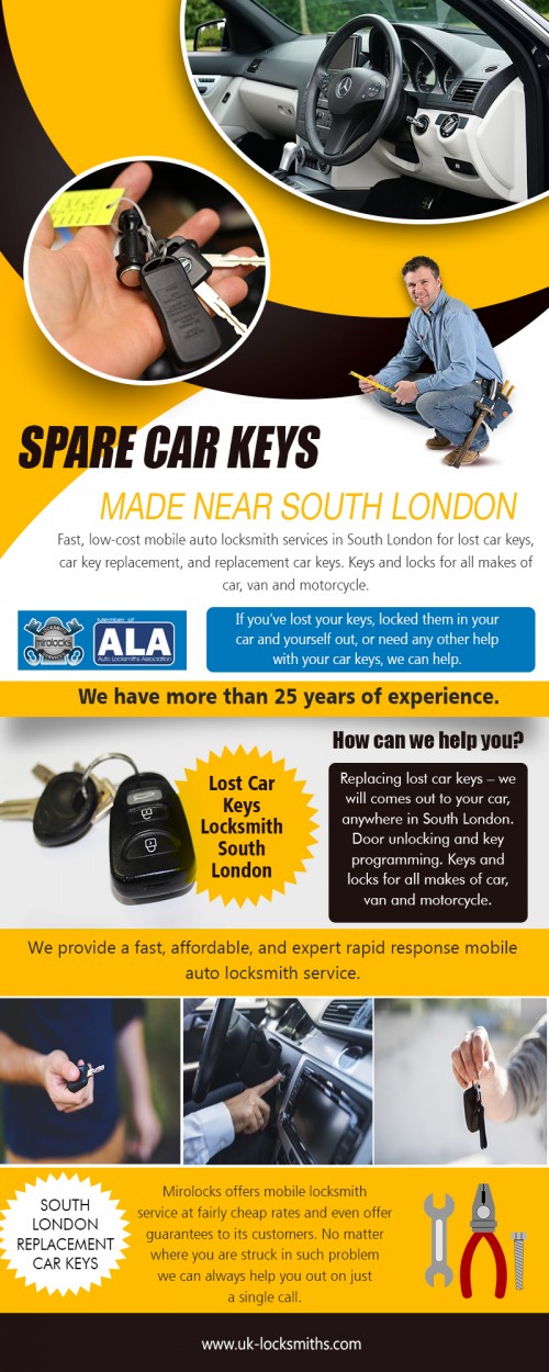 Spare car keys made in South London professionals for customer care and service AT https://uk-locksmiths.com/spare-car-keys/
Find us On Google Map : https://goo.gl/maps/uBrKDiLPAj32

Some of the most common services offered by best locksmith involve residential work. Improving security is among the main thrusts of locksmith service providers, as many of our clients are homeowners. In this type of locksmith service, the primary objective is to keep a house safe from potential intruders by strategically installing active locks on gates, doors, and even windows. Spare car keys made in South London services for instant help. 
Social : 
https://mootools.net/forge/profile/carlocksmithsuk
https://www.viki.com/users/carlocksmithsuk/
https://en.gravatar.com/carlocksmithsuk

Add : Mitcham and All South London Areas, Mitcham CR4 1RF, UK
Call us : +44 7462 327027
Mail : info@uk-locksmiths.com