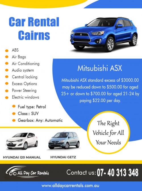 Hire car rental in Cairns airport to save money on car rental AT http://alldaycarrentals.com.au/contact/
Find Us On Our Google Map : https://goo.gl/maps/QXFW712KM4F2
The car companies offer special deals when you purchase vehicles and specialist service centers offer one-off deals. So we usually go to the best deal on the day. Unfortunately, sometimes the fix isn't all that easy, and your car may be off the road for a few days if parts are not available. When this happens, car rental in Cairns airport is a good option, and in some cases, the expense may be covered by your insurance company.
Social : 
http://hirecarcairns.eklablog.com/cheapest-car-hire-cairns-airport-a140335672
https://hirecarcairns.tumblr.com/saraincairns
http://saraincairns.brushd.com/pages/cheapest-car-hire-cairns-airport

Add : 135 Lake St, Cairns City, Queensland 4870, Australia
Phone Us: +61 740 313 348 , 1800 707 000
Mail : info@alldaycarrentals.com.au
working hours : mon to sun : 8:00AM To 5:00PM