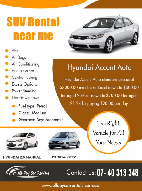 SUV rental near me find a vehicle that suits your budget AT http://alldaycarrentals.com.au/
Find Us On Our Google Map : https://goo.gl/maps/QXFW712KM4F2
Hassle-free travel starts with all day budget SUV rental near me that caters to all kinds of transportation needs. There are our auto rental agencies that offer car rentals to suit your specific traveling needs. You can even find out which agency provides the best prices, booking policies, and customer service through our travel websites. We offer excellent services like pick-up and drop at the airport. We provide online booking facilities that assure immediate confirmation via emails.
Social : 
https://trello.com/carrentalcairns
https://rentcarcairns.weebly.com/
https://www.yelloyello.com/places/all-day-car-rentals

Add : 135 Lake St, Cairns City, Queensland 4870, Australia
Phone Us: +61 740 313 348 , 1800 707 000
Mail : info@alldaycarrentals.com.au
working hours : mon to sun : 8:00AM To 5:00PM