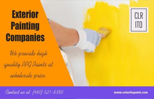 How To Choose The Right Exterior Painting Companies AT  https://coloritopaint.com/exterior-painting-companies/
A painting company with a long history of excellent service has experienced several style, design, and environmental influences. The painters are well-trained and educated in the multitude of water-based and oil-based paints, the variety of surfaces that require updating and how they respond to paint. Look for Exterior Painting Companies that have a good reputation. That is why you might want to ask friends and family for recommendations. They might suggest particular companies that offered exceptional services to them in the past. 
Social : 
https://audiomack.com/song/phoenixhousepainting/arizona-painters
https://www.spreaker.com/episode/16458080
https://vocaroo.com/i/s1NonClrhVy7
https://www.blubrry.com/arizonapainting/40194177/arizona-painting