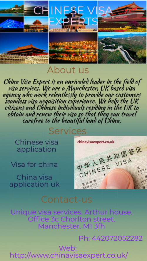 Our mission is to help clients get the best possible provide Business Visa for China application at affordable cost and  help clients get the best possible secure application visa working. Feel free to call us 44 161 956 2003 today!

http://www.chinavisaexpert.co.uk/business-visa/
