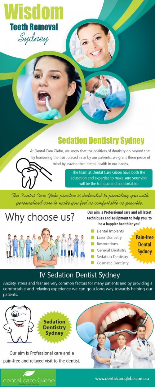 IV sedation dentist Sydney for a pain-free visit to the dentist at https://dentalcareglebe.com.au/ 

Visit : http://www.dentalcareglebe.com.au/sedation_dentistry.html 

Find Us : https://goo.gl/maps/qt4gG5aTvUE2 

IV sedation dentists in Sydney commonly use this sedation for creating such a comfortable experience that most patients do not remember the visit! Oral sedation via anti-anxiety medications needs to be taken up to an hour before your dental visit and may impair judgment or make driving difficult. With intravenous sedation, patients can relax at the dentist's office until they're fully conscious and feel lucid enough to drive.

Services : 

Dental Implants 
Sedation Dentistry 
Invisalign 
Periodontist In Sydney 
Cosmetic Dentist Sydney 

Email : info@dentalcareglebe.com.au 
Phone : (02) 9566 2030 

Social Links : 

https://twitter.com/DentalCareGlebe 
https://www.facebook.com/Dental-Care-Glebe-391186630920036/ 
https://www.reddit.com/user/dentalcareglebe 
https://en.gravatar.com/prosthodontistsydney