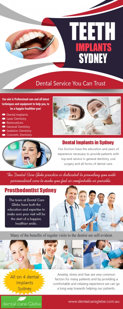 Periodontist in Sydney is a dedicated specialist in teeth implants and gum disease at https://dentalcareglebe.com.au/ 

Visit : http://www.dentalcareglebe.com.au/dental_implants.html 

Find Us : https://goo.gl/maps/qt4gG5aTvUE2 

When it comes to the science of good hygiene, we all know how important taking care of our teeth and gums are, though for many of us, genetics, absent-mindedness, costs or insurance coverage can keep us from maintaining the overall health of our mouths through proper brushing, flossing, and check-ups with the dentist. Unfortunately, this can lead many of us needing more advanced care in the form of a periodontist in Sydney. 

Services : 

Dental Implants 
Sedation Dentistry 
Invisalign 
Periodontist In Sydney 
Cosmetic Dentist Sydney 

Email : info@dentalcareglebe.com.au 
Phone : (02) 9566 2030 

Social Links : 

https://twitter.com/DentalCareGlebe 
https://www.facebook.com/Dental-Care-Glebe-391186630920036/ 
https://www.reddit.com/user/dentalcareglebe 
https://en.gravatar.com/prosthodontistsydney