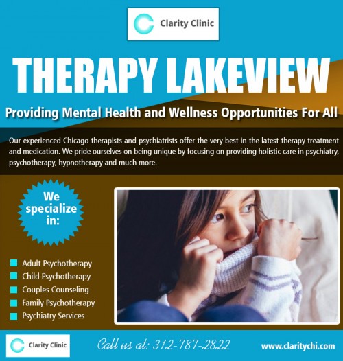Lakeview Therapy services for individuals and couples at https://claritychi.com/ 

Visit : https://claritychi.com/adult-therapy/ 

Find Us : https://goo.gl/maps/T3YYnAhzJP92 

Life is full of challenges. The challenges can be social, emotional, physical and external factors originating from the society. Most of us can cope with our problems and often overcome the pain and grief caused by these internal or external factors. Those who are unable to deal with issues of life due to various reasons need Lakeview Therapy to heal and move in life.

Call  : 312-787-2822 
Email : rreddy@clarityah.com 

Social Links : 

https://www.youtube.com/channel/UCchx39bNiQiT4mpYQiQXuEA 
https://plus.google.com/103690746029947976563 
https://www.facebook.com/claritychi/ 
https://twitter.com/ArlingtonHeigh4 
https://www.instagram.com/arlingtonheight/ 
https://www.pinterest.com/ClarityClinic/