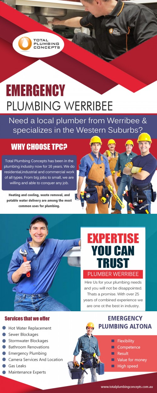 Emergency Plumbing Werribee with an extensive range of equipment and knowledge AT http://totalplumbingconcepts.com.au/point-cook-plumber/
Find us on our google map : https://goo.gl/maps/cboqq44i2q12

Almost all houses have plumbing in one form or another. And how well the plumbing works is very important. Properly installed plumbing prevents water and gas leaks. Every household needs plumbing service once in a while. Be it for general overall inspection or to fix a particular problem. Emergency Plumbing Werribee system can lead to a dirty kitchen; leaking pipes can spoil your living room carpet. Thus, it’s important that your overall plumbing is in good condition.
Social : 
https://plumberwerribee.netboard.me/
https://en.gravatar.com/plumberhopperscrossing
http://plumberwerribee.strikingly.com/
https://www.twitch.tv/plumberwerribee

Street Address — 35 Waters dr Seaholme
Suite/Office — 2/21Gervis dr, Werribee, Victoria, 3030
Primary Phone Number — 0425823111
Primary Email — Info@totalplumbingconcepts.com.au