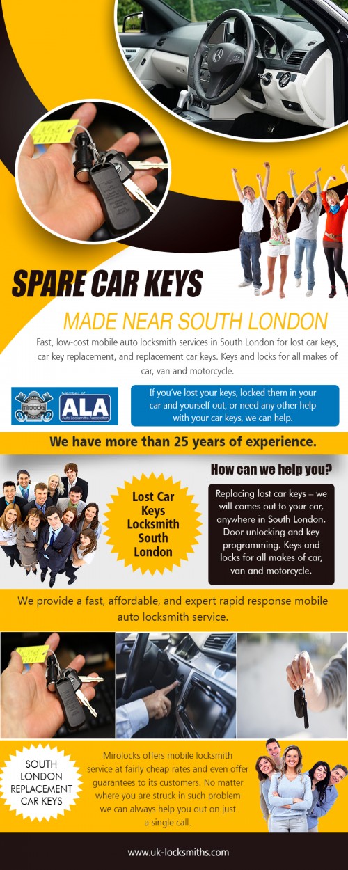 Spare car keys made in South London professionals for customer care and service AT https://uk-locksmiths.com/spare-car-keys/
Find us On Google Map : https://goo.gl/maps/uBrKDiLPAj32

Some of the most common services offered by best locksmith involve residential work. Improving security is among the main thrusts of locksmith service providers, as many of our clients are homeowners. In this type of locksmith service, the primary objective is to keep a house safe from potential intruders by strategically installing active locks on gates, doors, and even windows. Spare car keys made in South London services for instant help. 
Social : 
https://mootools.net/forge/profile/carlocksmithsuk
https://www.viki.com/users/carlocksmithsuk/
https://en.gravatar.com/carlocksmithsuk

Add : Mitcham and All South London Areas, Mitcham CR4 1RF, UK
Call us : +44 7462 327027
Mail : info@uk-locksmiths.com
