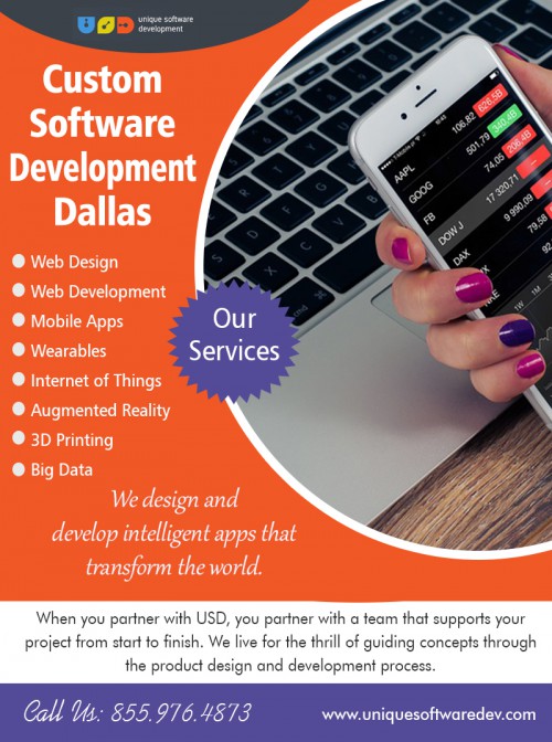 Custom Software Development Dallas - A Vital Business Resource at https://www.uniquesoftwaredev.com/ 

Visit : https://www.uniquesoftwaredev.com/services/software-development/ 

Find Us : https://goo.gl/maps/M8xBbSwMsAm 

Living into the jet age, we all know the importance of technology. And every day somehow the other new technology is evolving but now instead of developing those in-house companies prefer to go for outsourcing. And in this outsourcing race, Custom Software Development Dallas heads the list. There are many companies which prefer to outsource custom software development to an expert, as this not only saves time but also a certain amount of money.

Our Services : 

Design & Prototyping 
Software Development 
Mobile Apps 
Web Applications 
3D Printing 

Phone : 855.976.4873 
Email : info@uniquesoftwaredev.com 

Social Links : 

https://www.pinterest.com/dallasmobileapp/ 
https://www.instagram.com/dallascompanies/ 
https://twitter.com/dallasmobileapp 
https://followus.com/SoftwareDevelopmentCompanies 
http://dallassoftwarecompanies.tumblr.com/