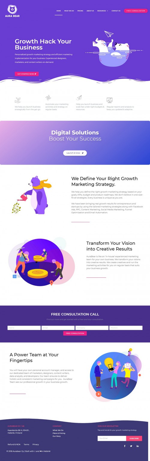 We are a design and marketing agency in Helsinki. We help SaaS companies, game studios and SMEs growth hack their business by providing marketing and advertising strategies and activities. We help companies develop strategic growth plan from the early stage.

Visit here:- https://www.aurabear.com/