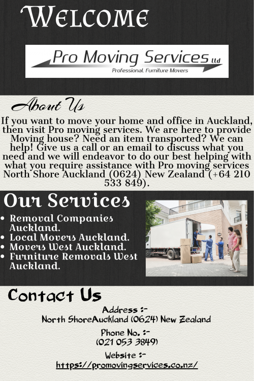 Often we are in trouble, when we move from one place to another place. There are so many questions in our mind that one of them is this, how can we get good and affordable removal companies in Auckland. Contact today Pro Moving Services company who solve all problems in a minute.

https://promovingservices.co.nz/