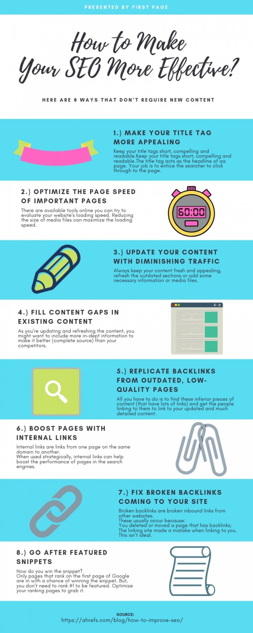 Are you tired of creating article for your SEO  campaign? Here are 8 ways to make your seo more effective without creating new content. Let'f fix your website with these simple steps, but if you are not sure what to do. You better consult to your most trusted SEO Services provider.
For SEO Services in Singapore, visit us @ https://www.firstpage.com.sg/seo for your free SEO Consultation.

#HowToImproveSEO #SEOSteps2019 #SEOStrategiesWithoutContent #SEOBasics #SEOServices