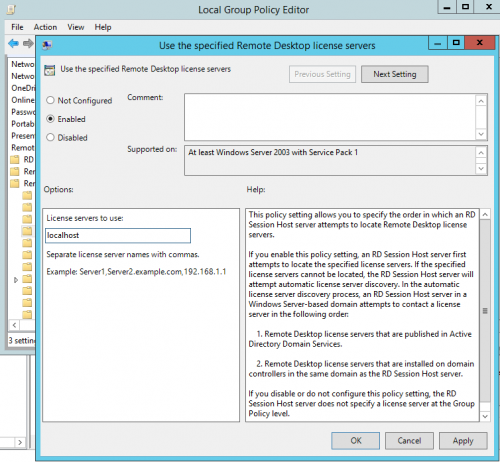 Windows Server • Group Policy - Use the specified Remote Desktop license servers