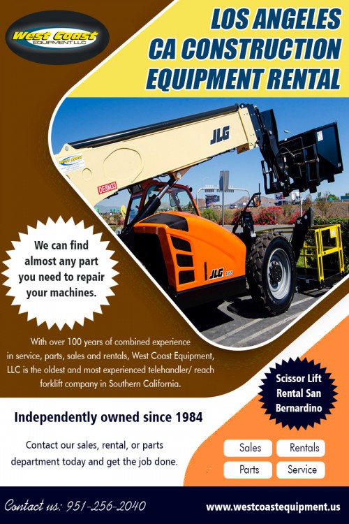 Los Angeles CA Construction Equipment Rental is often beneficial in the case of new businesses at https://westcoastequipment.us/ 

Visit : http://westcoastequipment.us/reach-forklift-rentals/

http://westcoastequipment.us/boom-lift-rentals/
http://westcoastequipment.us/scissor-lift-rentals/

Find Us : https://goo.gl/maps/DHTfY7LnMio

Choosing Los Angeles CA Construction Equipment Rental is much more affordable than wanting to purchase it. This is especially the case if it comes with a hefty price tag and if it is something you need for the moment but will not need in the future. It means that whenever the demand for machinery or tools is required, it can be met. A lift is an equipment used for lifting persons or objects to the required height. This type of lift moves only vertically. It is extensively used in the manufacturing and construction industry where it is common for people to work in hard to reach spaces. It is also used for doing maintenance work of high-rise buildings.

More Links : 
http://www.alternion.com/users/ScissorLiftLA/
http://juliamartin.brandyourself.com/
https://about.me/ForkliftRentalSanDiego/
https://remote.com/boomliftrentallosangeles

West Coast Equipment LLC

958 El Sobrante Road Corona, California 92879
Call Us: +1.951.256.2040
Email : sales@WestCoastEquipment.us
Mon - Fri 06:00 AM - 05:00 PM

Our Services : 

Boom Lift Rental San Bernardino
Forklift Rental Riverside
Los Angeles CA Construction Equipment Rental