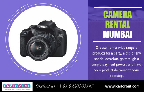 Latest camera on rent in mumbai at best prices at https://karlorent.com/camera-lenses

Camera on rent in mumbai starting from as low as Rs. 500/day. Rent a huge variety of high-end DSLRs, Cameras & Lenses, along with latest accessories. Canon 5D Mark IV. Canon - 1500D. Nikon - D5600 Tamron Lens 70 - 300 mm. Canon Lens EFS 55 - 250 mm.