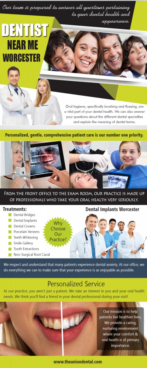 Dental Implants Worcester a smart solution and affordable way to replace your missing teeth at https://www.theuniondental.com/dental-health/
Find Us On : https://goo.gl/maps/SNrxd95UQ3r

Dentist : 

Dentist Worcester
cosmetic dentist Worcester
dental implants Worcester
oral surgery Worcester
dentist near me Worcester
Emergency dentist Worcester
teeth whitening Worcester

Cleaning your teeth should be done once a year. This visit can be used to access your oral health and to determine if other problems are starting. Some choose to have their teeth cleaned every six months instead, and most dentists recommend that to ensure a complete oral health checkup especially if you have dental implants or dental crowns. You can consult the Dental Implants Worcester if you think that it is too complicated to be handled by a regular dentist.


Address : 101 Pleasant St #210, Worcester, MA 01609 United States

Call Us On : 774-420-2600

Social Links : 

https://www.pinterest.com/theuniondental/
https://www.facebook.com/Union-Dental-Worcester-1763410727283431/
https://www.bing.com/maps?ss=ypid.YN873x16793715172872215045
http://foursquare.com/venue/4d3860c1fe80a1cdf16c849f
http://www.dexknows.com/business_profiles/-l2607972823
