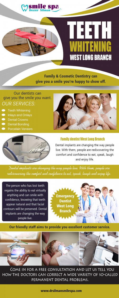 Cosmetic Dentistry in West Long Branch - Changing the Way You Smile at https://www.drsilmansmilespa.com/

Visit : https://www.drsilmansmilespa.com/contact-us/west-long-branch/ 

Find Us : https://goo.gl/maps/isLdX9mvXEG2 

A pleasant smile radiates a tremendous amount of positive energy. If you are gifted with a good laugh, the confidence and self-esteem will get enhanced. People were having some unattractive teeth become self-conscious about this defect, and a pleasant smile will be an alien thing for them. The self-confidence receives a beating, and the relationships may suffer as well. That is where the relevance of Cosmetic Dentistry in West Long Branch comes in, and it can be described as a combination of art and science geared to improve the appearance, function, and health of the teeth.

Call : 732 222 0021 
Email : drsilmannj@gmail.com 

Social Links : 

https://twitter.com/dentistwestlong 
https://www.facebook.com/Doctor-Silman-Smile-Spa-1408206976099245/ 
https://www.pinterest.com/drsilmansmilespa/ 
https://www.instagram.com/dentistnewwestlongbranch/ 
https://www.youtube.com/channel/UCGtxCo9HRv5rTm-tWMkYnww 
https://www.flickr.com/people/dentistnewwestlongbranch/