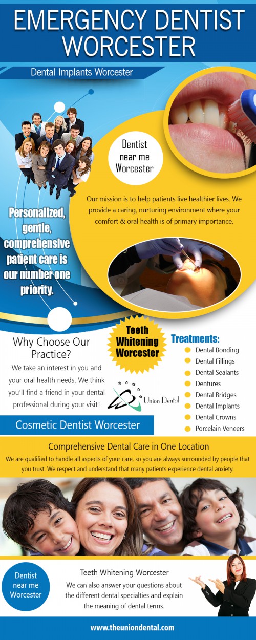 Dentist Near Me Worcester offers a comprehensive range of services at https://www.theuniondental.com/dental-health/
Find Us On : https://goo.gl/maps/SNrxd95UQ3r

Dentist : 

Dentist Worcester
cosmetic dentist Worcester
dental implants Worcester
oral surgery Worcester
dentist near me Worcester
Emergency dentist Worcester
teeth whitening Worcester

You will want to look into the Dentist Near Me Worcester that have an excellent dental practice. You and your family will want to feel comfortable at the dentist, and if the dental office is nasty, you will feel uncomfortable. Also, dentists who take pride in their office will take good care of his/her patients and the way he/she practices dentistry. Dentists who have more great buildings will probably cost more money for their dental procedures, but if you are getting good family dental care, it is worth it.

Address : 101 Pleasant St #210, Worcester, MA 01609 United States

Call Us On : 774-420-2600

Social Links : 

https://www.pinterest.com/theuniondental/
https://www.facebook.com/Union-Dental-Worcester-1763410727283431/
https://www.bing.com/maps?ss=ypid.YN873x16793715172872215045
http://foursquare.com/venue/4d3860c1fe80a1cdf16c849f
http://www.dexknows.com/business_profiles/-l2607972823