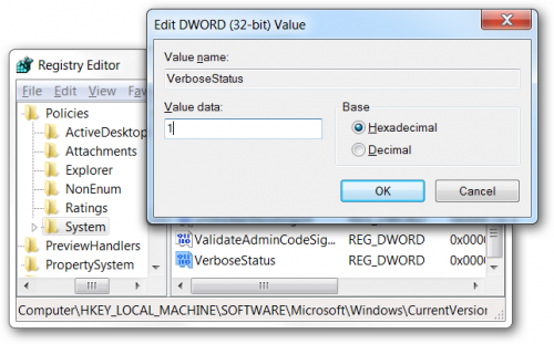 Open up regedit.exe and head to the following key, creating it if the key path isn’t there:

HKEY_LOCAL_MACHINE\SOFTWARE\Microsoft\Windows\CurrentVersion\Policies\System

Create a new 32-bit DWORD on the right-hand side named VerboseStatus, giving it a value of 1 to enable verbose service startup/shutdown messages.