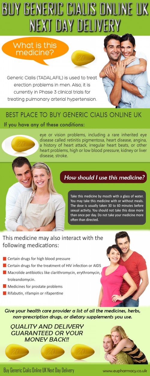 Cialis improves penis erection and let’s achieve a successful sexual intercourse. Cialis (Tadalafil) has a huge benefit comparing to regular drugs that improve erection - its effect can last up to 36 hours! The Best Place To Buy Generic Cialis Online UK is the one of best choices for men who seek real working medical treatment for weak erection. Generic Cialis is also known as cheap cialis as its price is significantly cheaper than original Cialis. Visit this site http://www.eupharmacy.co.uk/generic-cialis for more information on Where can i buy generic cialis in the uk.
Follow Us: https://goo.gl/NsQW2Z
https://goo.gl/NTohBk
https://goo.gl/orVvhp
https://goo.gl/arruyV
https://goo.gl/5cSnEG