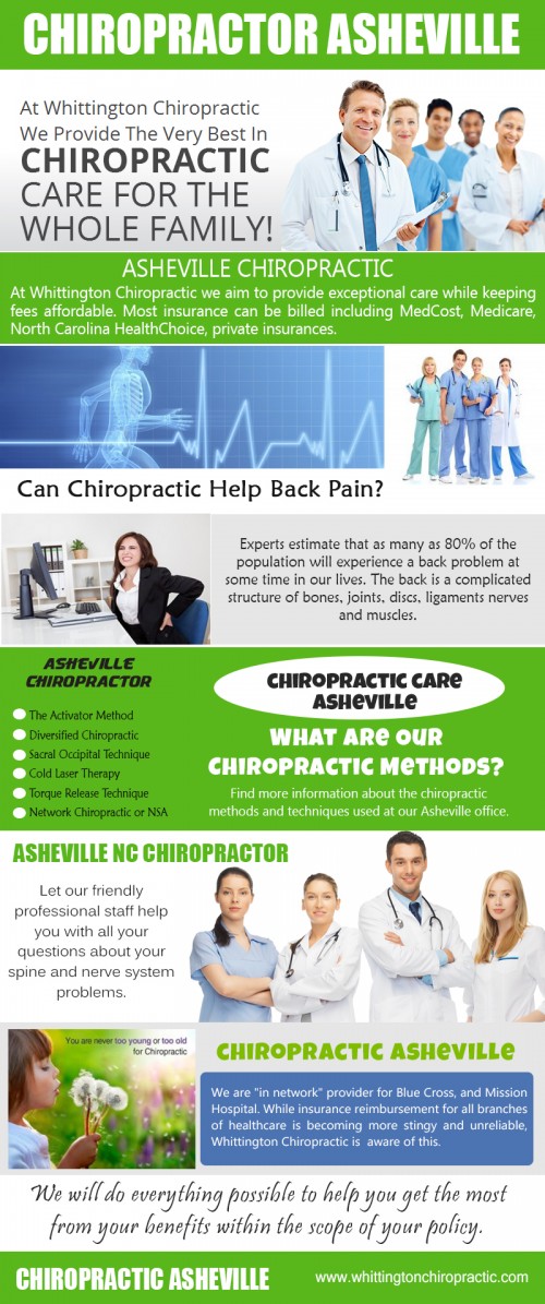 With Asheville Chiropractic, illnesses can be cured by understanding not only the symptoms but also the reason for the illness to totally remove the sickness. Chiropractic also relies on the hands-on approach and is patient-centered. A chiropractic professional should not only be good with the medical profession, but also employs critical thinking, open-mindedness and appreciation of the natural order of things. Look at this web-site https://www.whittingtonchiropractic.com/ for more information on Asheville Chiropractic.
Follow us: https://goo.gl/55vnC6
https://goo.gl/NqNjMr
https://goo.gl/RMuwhj
https://goo.gl/jq35rW
https://goo.gl/Rhr77R