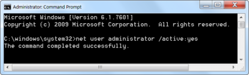 Run the following command in the elevated Command Prompt window that appears:

net user administrator /active:yes

The Administrator user account is now enabled, although it has no password.