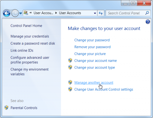 To set a password, open the Control Panel, select User Accounts and Family Safety, and select User Accounts. Click the Manage another account link in the User Accounts window.