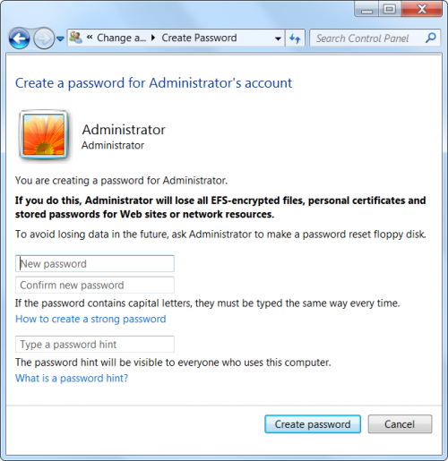 Select the Administrator account, click Create a password, and create a password for the Administrator account.