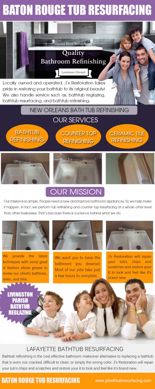 The advantages of refinishing as a green remodeling alternative to replacement are well known. It is also the most cost-effective way to deal with bathtubs, showers, countertops, ceramic tile, and sinks that are worn out, dull, or hard to clean. New Orleans Bath Tub Refinishing your bathtubs instead of replacing them gets them looking like brand new at a fraction of the cost of replacement. Bath Tub Refinishing advantages are many. Browse this site http://www.jsbathtubresurfacing.com/ for more information on New Orleans Bath Tub Refinishing.

Follow us: http://cutt.us/BatonRougebathroomrefinishing-ZlR
http://cutt.us/BatonRougebathroomrefinishing-YAw
http://cutt.us/BatonRougebathroomrefinishing-msM
http://cutt.us/LivingstonParishbathtubreglazing-Pxo
http://cutt.us/BatonRougebathroomrefinishing-HHm