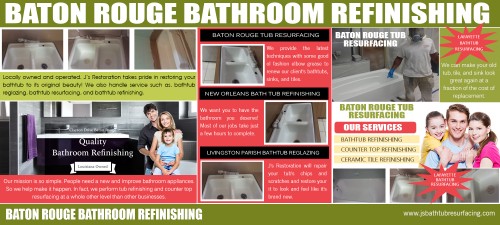With refinishing, it takes about 3 to 6 hours depending on the condition of the tub. Importantly, you can use Baton Rouge Bathroom Refinishing the next day not weeks. Bath tub refinishing saves time. Replacing a bathtub can take weeks when you consider the time to rip out your old tub, install the new one, plumbing, cleaning all that mess and maybe plumbing and replacing the tiles. Have a peek at this website https://www.facebook.com/jsrestorationbr/ for more information on Baton Rouge Bathroom Refinishing.

Follow us: http://cutt.us/BatonRougebathroomrefinishing-hVL
http://cutt.us/NewOrleansbathtubrefinishing-BJP
http://cutt.us/BatonRougetubresurfacing-A4p
http://cutt.us/BatonRougetubresurfacing-059
http://cutt.us/LivingstonParishbathtubreglazing-hQP