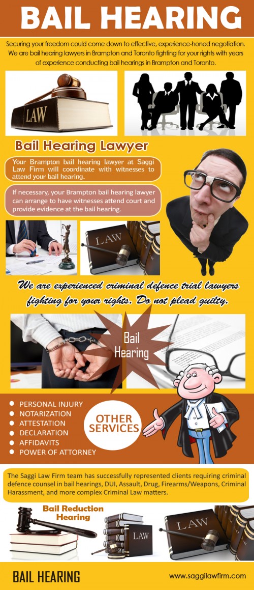 The first way to meet the requirements that a judge has set is to pay the entire amount in cash. Once the cash is deposited, and the paperwork complete, the defendant is released from jail pending trial. Check this link http://saggilawfirm.com/bail-in-brampton-canada/ right here for more information on bail bond hearing brampton. They are required to appear at all scheduled bail bond hearing brampton, and failing to do so can result in the forfeiture of the entire amount of the bonds. But if the defendants do show up in court as ordered, the entire amount will be refunded upon the closure of their cases.
Follow us: https://besttorontocriminallawyer.jimdo.com
http://criminallawyerstoronto.aircus.com/criminal-lawyers-toronto
http://issuu.com/bramptoncriminallawyers
http://www.slideshare.net/BramptonCriminalLawyer