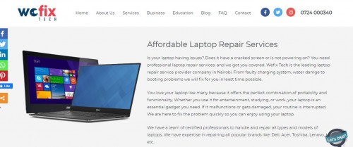 Have a damaged laptop or PC computer? You can trust Wefix Tech, the leading Laptop Repair Shop in Nairobi to fix your gadget in no time. Try us Today!

Wefix Tech is a professional repair company in Nairobi that primarily deals with smartphones, iPhones, tablets, iPads, laptops, Macbooks, and game consoles. We also sell brand new phones and laptops.aOur core business is repair of electronic gadgets. We offer repair services to individuals, corporates and education institutions. We also supply phones, laptops, and other IT gadgets to education institutions and businesses at affordable prices.
#BrokenscreenrepairNairobi #HuaweiphonerepairinNairobi #OppomobilerepairinNairobi #SamsungphonerepairinNairobi #NokiaphonerepairinNairobi #XiaomiphonerepairinNairobi #InfinixphonerepairinNairobi #TecnophonerepairinNairobi 

Web:- https://wefixtech.co.ke/services/laptop-repair/