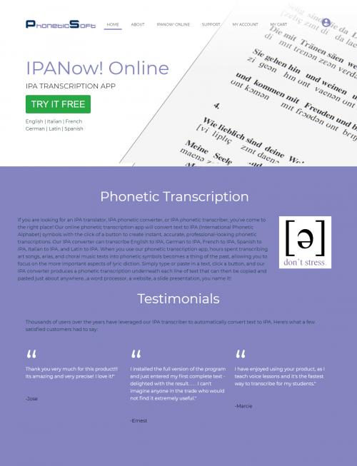 IPA transcriber or IPA translator online. Instantly convert English, Latin, Italian, German, Spanish, French to IPA symbols.

IPANow! Online by PhoneticSoft is a one-of-a-kind web application that transcribes English, Latin, Italian, German, Spanish and French texts into International Phonetic Alphabet (IPA) symbols by applying rules utilized by scholarly lyric diction textbooks.Simply type or paste in a text, click a button, and IPANow! produces an IPA transcription underneath each line of text that can then be copied and pasted just about anywhere...a word processor, a website, a slide presentation, you name it! Take a look at some IPA transcription samples created with IPANow! or watch a video demo to get a better idea of how it works.
#phonetictranscriber #phonetictranscriptionconverter #ipatranscription #converttexttoipa #phoneticalphabetconverter #Italiantoipa #phonetictranscriptionSpanish #ipaconverter #freeipatranscription 

Read more:- https://ipanow.com/