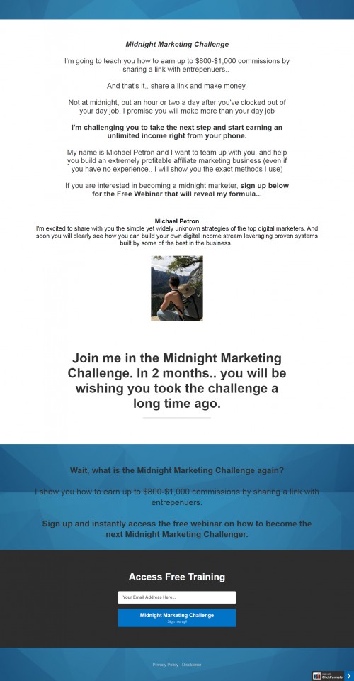 Midnight Marketing Challenge. I'm going to teach you how to earn up to $800-$1,000 commissions by sharing a link with entrepenuers. And that's it.. share a link and make money.Not at midnight, but an hour or two a day after you've clocked out of your day job. I promise you will make more than your day job. Midnight Marketing Challenge, make money online, unlimited income online, affiliate, marketing business, midnight marketer, Online free webinar

#MidnightMarketingChallenge #make moneyonline #unlimitedincomeonline #affiliatemarketingbusiness #midnightmarketer #Onlinefreewebinar

Read more:- https://midnightmarketingchallenge.com/optin1600125935258
