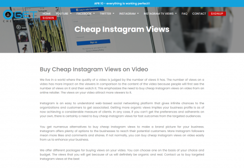 Buy Cheap Reel Instagram Views and get your video viral. We will start the order INSTANT. on every order you will get Free Instagram video likes. All are real viewers from all around the world. 100% money back guarantee. Try with us!

Get Cheap Views Provides The Best Quality Of All Social Media Services At Cheap Price.To most of the entrepreneurs, social media is the “future big thing,” a non-permanent type yet powerful platform that must be taken advantage of while it’s on the trend. Because it came up so quickly, social media has developed its own reputation with some of the people for being favorite as a marketing interest, and therefore, a profitable one.

#cheapinstagramlikes #buycheapinstagramlikes #buyinstagramlikescheap #cheapinstagramviews #buycheapinstagramviews #buyinstagramviewscheap #cheapinstagramreelviews #buycheapyoutubeviews #buyyoutubeviewscheap #buyinstagramfollowerscheap #cheapyoutubeviews #buyinstantinstagramlikes #buyinstagramlike #cheapfacebookviews #buyfacebookviews

Read more:- https://www.getcheapviews.com/instagram-category/cheap-instagram-views/