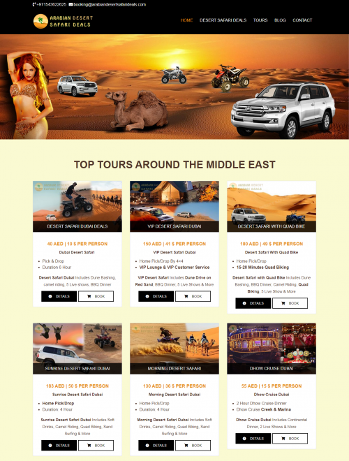 Find the best desert safari deals and offers online, starting from 40 AED. Call us @+971543622625 for Best desert safari Dubai packages!

Dubai has the world’s most inspiring engineering and architectural feats such as the Burj Khalifa, Palm Islands, and the Dubai fountains. Millions of tourists or visitors attracted to the wonderland of Dubai.  Dubai is also famous for adventures such as Dubai Desert Safari tour. Dubai Desert Safari is one of the renowned tourist attractions, which has been toured by the millions of tourist every year.  The Desert Safari tour start with pick-up facility from your home, hotel or other centralized location. The transportation services depend on the different type of desert safari Deals. We offer various tour packages that include many things at affordable desert safari Dubai. Our experienced team kindly welcomes you to the adventurous world of Desert Safari after leaving fantastic city view behind the desert dunes.  You will cross and feel the natural beauty of Dubai Desert and test your driving in Red Sand with our drivers.

#Desertsafarideals #Desertsafaripackages #Desertsafarioffers #Desertsafari #DesertsafariDubai #Dubaidesertsafari #Hattamountaintour #Hattatour #VIPdesertsafari #Desertsafariquadbike #Bestdesertsafari #Eveningdesertsafari #Morningdesertsafari

Read more:- https://www.arabiandesertsafarideals.com/