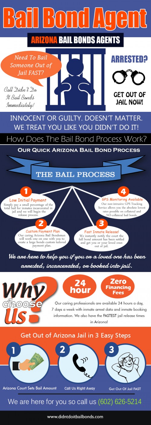 Our Website: https://www.didntdoitbailbonds.com/
The process of posting a bail bond involves a contractual undertaking guaranteed by a bail agent and the individual posting bail. In such case, the bail bond agent provides a guarantee to the court that the defendant will appear in court each and every time the judge requires it. Hence a bail bond is an obligation signed by those who have been accused of a crime to secure their presence at the court when summoned.

Our Business Locations:
Phoenix Bail Bonds
Mesa Bail Bonds
Tucson Bail Bonds
Arizona Bail Bonds

East Valley Office:
Didn’t Do It Bail Bonds
1837 S Mesa Dr Ste A200
Mesa, AZ 85210
(480) 689-6969

My Profile : https://site.pictures/bailbondcompany
More Links: 
https://site.pictures/image/dQdk9
https://site.pictures/image/dQi1W
https://site.pictures/image/dQJV8