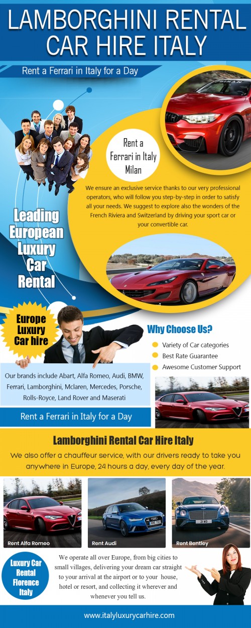 Our site : https://italyluxurycarhire.com/
Most people rent exotic cars for a variety of different reasons. Some want to customize their own vehicle and are getting ideas from Luxury Car Rental Italy. When you come across a luxury car hire deal which seems simply out of the world, think twice before availing it. Even when the announced price is low, you may end up paying more due to the various hidden charges. There are many luxury car rental companies who do not reveal these charges to their customers and the final bill can often be surprising. 
My social : https://twitter.com/luxurycar_hire 
More Links : https://snapguide.com/hire-italy/
http://www.cross.tv/hiresuvitaly
http://www.interesante.com/hiresuvitaly