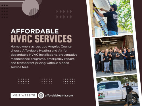 Routine inspections help technicians catch problems early before major damage happens. Something simple like cleaning coils, replacing filters, or correcting airflow issues can improve efficiency and prevent larger repairs from developing. That’s why many homeowners now look for Affordable HVAC services before summer begins instead of waiting for the system to fail unexpectedly.

Find us on Google Map: https://maps.app.goo.gl/AmnAG3GCtMLZFQca6

Contact: Affordable Heating and Air
Address: 9601 Cozycroft Ave Unit 1, Chatsworth, CA 91311, United States
Customer Service: +1-818-722-1332

Read our blogs:
https://affordableairla.wordpress.com/
https://affordableairla.tumblr.com/
https://affordableairla.weebly.com/

More Links:
https://allmyfaves.com/affordableairla
https://www.pinterest.com/affordableairla/
https://gravatar.com/affordableairla