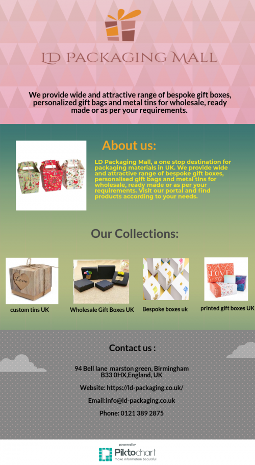 LD Packaging Mall, a one stop destination for packaging materials in UK. We provide wide and attractive range of bespoke gift boxes, personalised gift bags and metal tins for wholesale, ready made or as per your requirements. Visit our portal @ https://ld-packaging.co.uk/  and find products according to your needs.