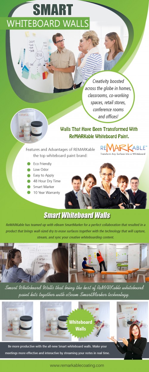 Smart Whiteboard Walls will result in tremendous productivity at https://www.remarkablecoating.com/smart-whiteboard-walls/

Services:-
smart whiteboard
smart whiteboard walls
whiteboard walls
whiteboard walls
dry erase walls		

For more information about our services, click below links-
https://www.remarkablecoating.com/how-it-works/
https://www.remarkablecoating.com/whiteboard-wall-meetings-productive/

With a wise white boards wall, you can have a joint and also useful meeting with all of the essential sections any place they remain in the world. Making use of the eBeam SmartMarker on your Amazing white boards wall, you can stream your whiteboard notes, brainstorms and also doodlings to every person's device and live online, wherever they are. Be extra productive with the all-new Smart Whiteboard Paint Kit surfaces. Make your conferences much more efficient as well as interactive by streaming your notes in real time. Slide an everyday marker right into the sleeve and anywhere you go, whatever you compose, with whatever tool you use, you as well as your group can team up with each other quickly.

Contact Us:- 8009362159

Social:
https://profiles.wordpress.org/dryerasepaint
https://www.instagram.com/whiteboardpaint/
http://www.alternion.com/users/whiteboardpaint/
https://www.behance.net/WhiteboardPaint
https://www.4shared.com/u/H1Mo7v8l/sinabitter7184.html