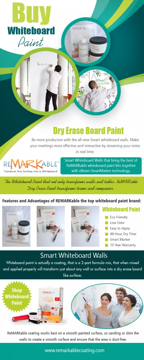 Pick the right Dry Erase Paint for your collaboration space at https://www.remarkablecoating.com/buy-whiteboard-paint

Services:-
buy whiteboard paint
buy dry erase paint
buy dry erase board paint
shop whiteboard paint
shop dry erase paint

For more information about our services, click below links-
https://www.remarkablecoating.com/smart-whiteboard-walls/
https://www.remarkablecoating.com/how-it-works/

Whether the wall is in your home, school, or business, find the best space where the wall will be most beneficial for you. Training sessions and courses can be very challenging to keep entertaining, and it is hard to keep all of the students fully engaged in Dry Erase Paint. Often training sessions focus on the amount of information they have to get through, rather than help the understanding of the trainees. Many training sessions are a case of death-by-presentation and regurgitating information but to be truly effective; training needs to be dynamic and interactive.

Contact Us:- 8009362159

Social:
https://www.goodreads.com/photo/group/168554-white-board-paint
https://dryerasepaint.blogspot.com/
https://dryrasepaint.wordpress.com/
http://dryerasepaint.tumblr.com/
https://en.gravatar.com/dryrasepaint