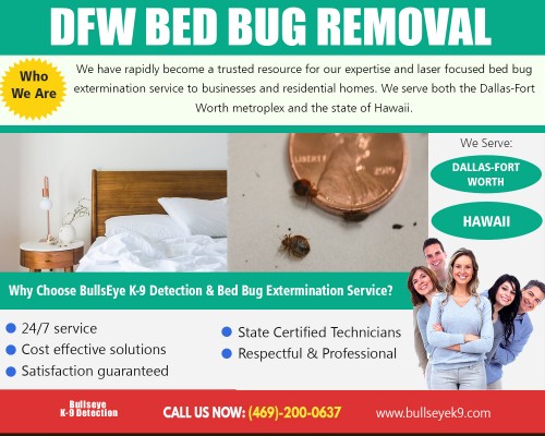 DFW bed bug removal with most experienced bed bug technicians at http://www.bullseyek9.com/services/dallas-fort-worth-bed-bug-extermination/

Find Us : 
https://goo.gl/maps/CtY8hjzJCAs

Once the DFW bed bug removal professionals arrive, they will apply a contact kill spray to live bugs while placing a slow kill spray on baseboards, cracks, and crevices throughout the home. It is important to remember when selecting the proper bed bug extermination professional is to know that their methods should not include ineffective and straightforward fumigation. You may still want to put your clothes, bedding, and pillows in the clothes dryer at, at least 120 degrees for at least an hour, but gradually they will be dead and gone.

Our Services :

Bed bug exterminator dallas
Dallas bed bug service
DFW bed bug removal
Fort worth bed bug extermination

Address   : Frisco, TX, USA
Contact Us  : +1 469-200-0637
Visit Our Website : http://www.bullseyek9.com/

Follow us on Social Media :

https://www.facebook.com/Bulls-Eye-K9-Detection-1939638712938556/
https://twitter.com/bullseyek9detec
https://www.instagram.com/bedbugdetector/
https://www.pinterest.com/bedbugremoval/
https://www.youtube.com/channel/UC9X-tv139TEjTuWfIrevYeg
https://plus.google.com/101417159770663203427