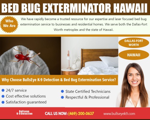 Bed bug exterminator hawaii ensure that every remaining bed bug is expelled at http://www.bullseyek9.com/services/dallas-fort-worth-bed-bug-extermination/

Find Us : 
https://goo.gl/maps/CtY8hjzJCAs

Bed bug exterminator Hawaii is quite famous these days mainly because they are naturally difficult to kill. This parasite is active during the night and usually attacks its victim during the period when they are most vulnerable, that is when they are asleep. Also, these parasites are also very secretive and are only out in the open during feeding time. Unless you are good at finding their hiding niches will you be lucky enough to destroy them and be free from their pestering effects?

Our Services :

Bed bug exterminator hawaii  
Hawaii bed bug services 
Hawaii bed bug control
Hawaii bed bug extermination

Address   : Frisco, TX, USA
Contact Us  : +1 469-200-0637
Visit Our Website : http://www.bullseyek9.com/

Follow us on Social Media :

https://www.facebook.com/Bulls-Eye-K9-Detection-1939638712938556/
https://twitter.com/bullseyek9detec
https://www.flickr.com/photos/bedbugremoval/
https://www.slideshare.net/Bedbugremoval
https://www.youtube.com/channel/UC9X-tv139TEjTuWfIrevYeg
https://plus.google.com/101417159770663203427