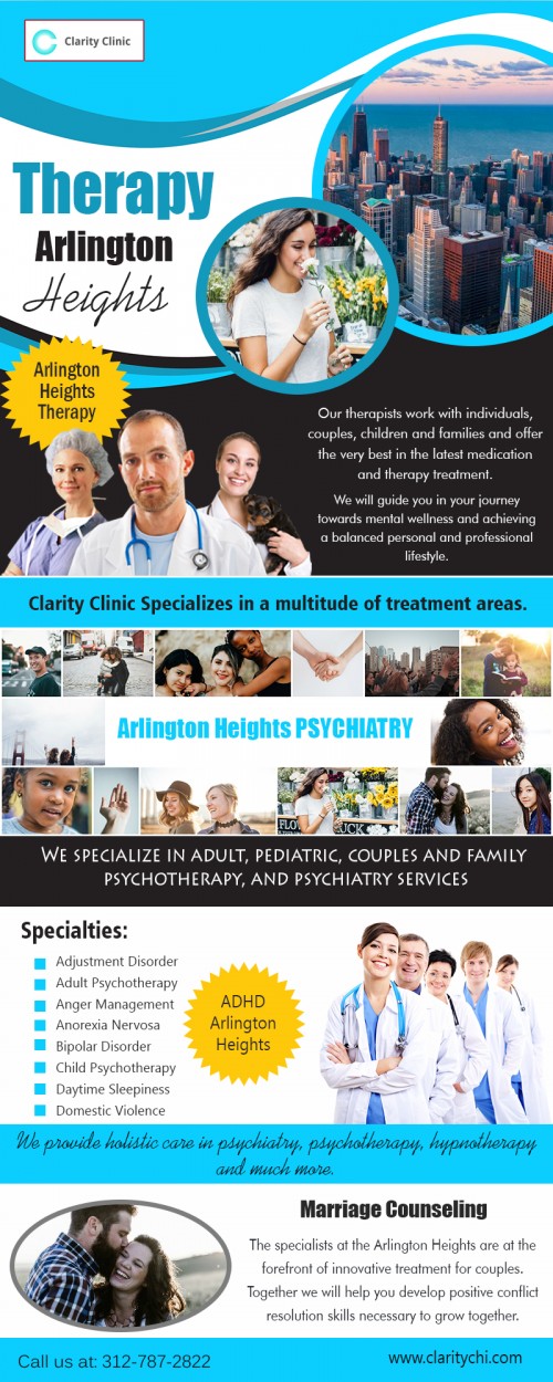 PSYCHIATRY arlington heights with scheduled telepsychiatry at https://claritychi.com/

Our Services :

PSYCHIATRY arlington
PSYCHIATRY  
arlington heights Therapy
Couples Counseling
marriage counseling
arlington heights Therapy

A PSYCHIATRY arlington heights can change the roots of your thought process by helping you gain your controls of life back in your hand. They can teach you to make your own choices and develop greater understanding which can strengthen you to cope with the losses and overcome the traumatic experiences. 

Clarity Clinic Arlington Heights
2101 S Arlington Heights Rd 
suite 116, Arlington Heights,
IL 60005
(847) 666-5339

Social- 

https://twitter.com/ClarityClinic_
http://s1064.photobucket.com/user/ClarityClinic/profile/
https://www.youtube.com/channel/UCchx39bNiQiT4mpYQiQXuEA
https://ello.co/clarityclinic
http://www.alternion.com/users/ClarityClinic/