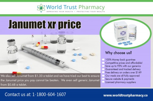 Janumet Xr Price by using our free Janumet XR coupon card  at https://www.worldtrustpharmacy.co/ 

Buy Here : 

https://www.worldtrustpharmacy.co/janumet-xr-in-india 

Janumet XR in India is significantly cheaper than the usual USA Janumet XR price. You do not need Janumet Xr Price coupon card to benefit from our affordable Janumet XR. You just need to place your order and send us your prescription. Even with a discount coupon card we doubt you will be able to beat our prices. If you can please visit our Price match promise page to see if we can help.

Deals In : 

Atripla Generic Name 
Eliquis 5 mg Price 
Entecavir Cost 
Isentress Price 
Janumet XR Price 
Zytiga 250 mg Price 
Restasis Eye Drops Cost 

Social Links : 

https://twitter.com/trustgenerics 
https://www.instagram.com/tenviremprep/ 
https://in.pinterest.com/ViradayTablets/ 
https://plus.google.com/u/0/114895103783609971938 
https://www.youtube.com/channel/UC4_25XY4Z1v0MGdyJofWAMw