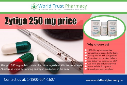 Our Zytiga 250 Mg Price is now unbeatable worldwide delivery at https://www.worldtrustpharmacy.co/ 

Buy Here : 

https://www.worldtrustpharmacy.co/abirapro-price-in-india 

Our Abiraterone price in India is much lower than in America due to the much lower development, labor and marketing costs in India. Also India does not have the price controls in place like in America, where consumers generally rely on health insurance to fund their prescription costs. Many Americans without healthcare insurance buy brand and generic Zytiga 250 Mg Price online from India due to the massive cost savings of up to 80%.

Deals In : 

Atripla Generic Name
Eliquis 5 mg Price
Entecavir Cost
Isentress Price
Janumet XR Price
Zytiga 250 mg Price
Restasis Eye Drops Cost

Social Links : 

https://twitter.com/trustgenerics
https://www.instagram.com/tenviremprep/
https://in.pinterest.com/ViradayTablets/
https://plus.google.com/u/0/114895103783609971938
https://www.youtube.com/channel/UC4_25XY4Z1v0MGdyJofWAMw